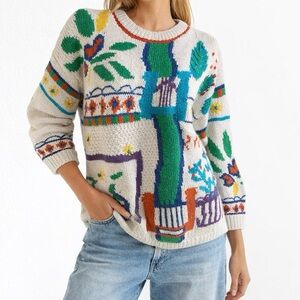 Chelsea Young Sweater Ramie Cotton Knit VTG Y2K Bright Colour Floral Garden S/M